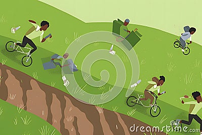 Image of sporty company friends on bicycles. Neural network AI generated Stock Photo