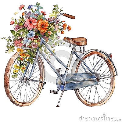 Spring Bicycle watercolor illustration, spring clipart Cartoon Illustration