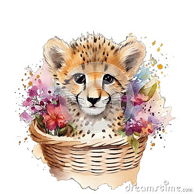 Spring cheetah watercolor illustration, spring clipart Cartoon Illustration