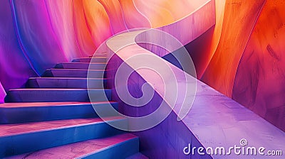 Image of a stairway, Vibrant fluid shapes blending in purples, pinks, blues, and oranges Stock Photo