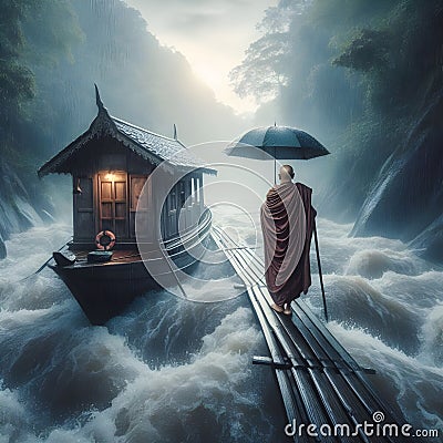 image of standing in the rain hold a umbrella at the cabin across narrow raging river. Stock Photo