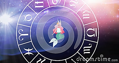 Image of star sign with horoscope wheel spinning over stars on blue to purple background Stock Photo