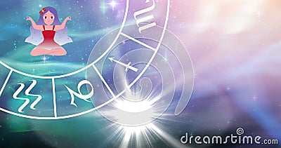 Image of star sign with horoscope wheel spinning over stars on green to purple background Stock Photo