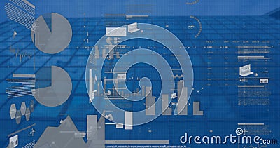 Image of statistical data processing against low angle view of tall building Stock Photo