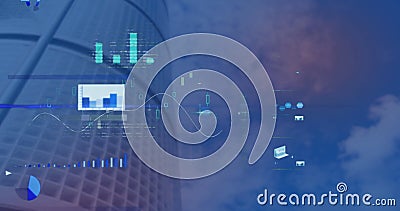 Image of statistical data processing against low angle view of tall building Stock Photo