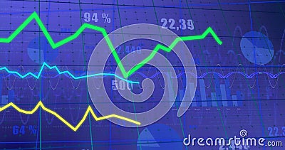 Image of statistical data processing over grid network against blue background Stock Photo