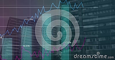 Image of statistical data processing over grid network against view of tall buildings Stock Photo