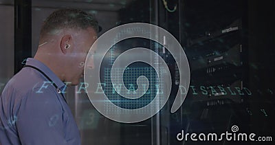 Image of statistics and data processing over man using smartphone Stock Photo