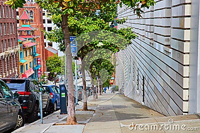 Steep hill with cars parked beside sidewalk with green trees evenly spaced down path in city Stock Photo