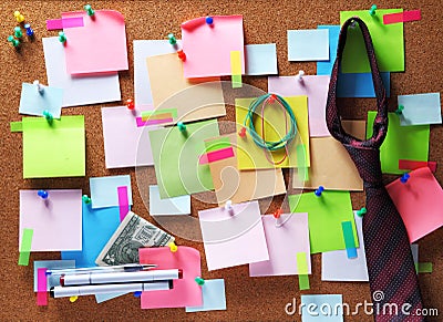 Image of sticky notes on cork bulletin board Stock Photo