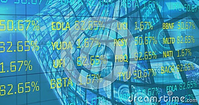 Image of stock data moving over multiple screens Stock Photo