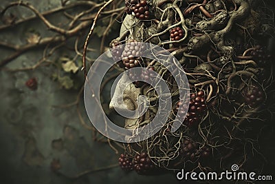 Image of a stone face sculpture becoming one with overgrown blackberry vines, alluding to avitaminosis, signifying Stock Photo