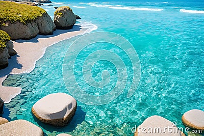 Stone,sand,sea water and beach with lighting in the morning:Close up,select focus with shallow depth of Stock Photo