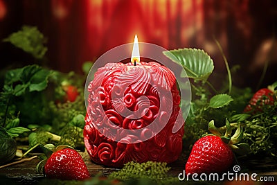 Strawberry Enchanted garden ultra-realistic candle Photo, Cottagecore simple living Stock Photo