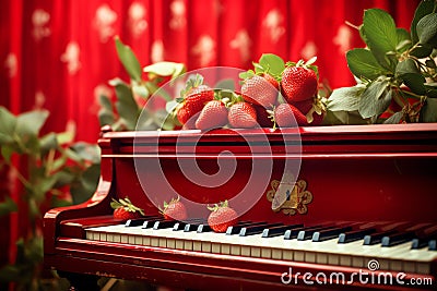 Strawberry vintage piano Photo, Cottagecore simple living Stock Photo