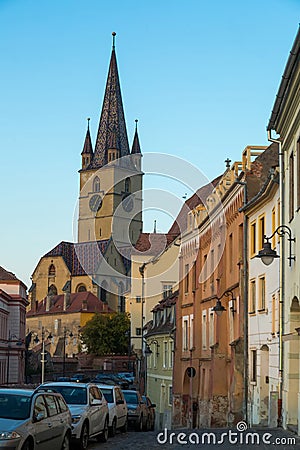 Image of streets of Sibiu with view of Cathedral Stock Photo