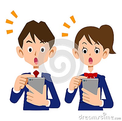 A student operating a smartphone with a noticed face Vector Illustration