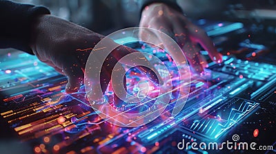 An image of a student using hand gestures to manipulate holographic data and graphs for a math lesson Stock Photo