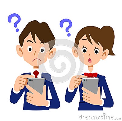 Students operating smartphones with a questionable expression Vector Illustration