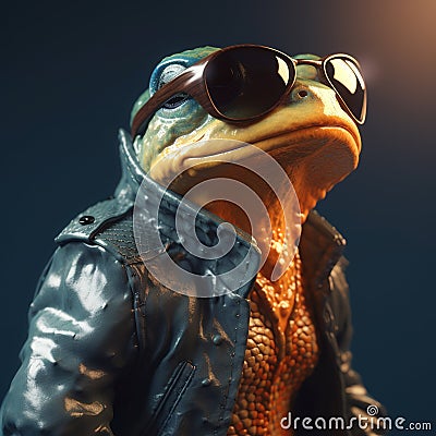 Image of stylish cool frog wearing sunglasses as fashion and wore a leather jacket. Modern fashion, Amphibian, Illustration, Stock Photo