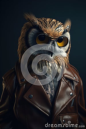 Image of stylish cool owl as fashion and wore a leather jacket. Modern fashion, Animals, Illustration, Generative AI Stock Photo
