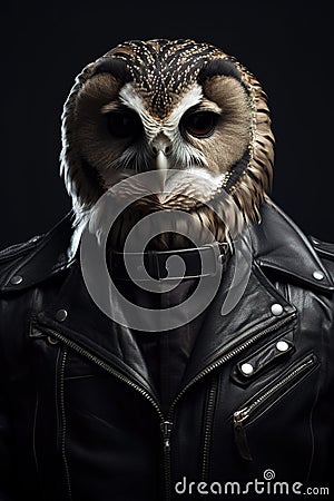 Image of stylish cool owl as fashion and wore a leather jacket. Modern fashion, Animals, Illustration, Generative AI Stock Photo