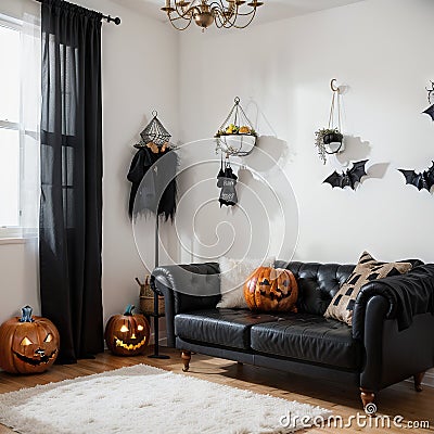 Stylish room interior with creative Halloween decor Stock Photo