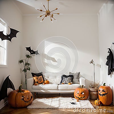 Stylish room interior with creative Halloween decor Stock Photo