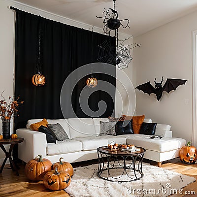 Stylish room interior with creative Halloween decor Stock Photo