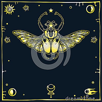 Image of the stylized bug Goliath, a decorative frame, space symbols. Esoteric, mysticism, occultism. Vector Illustration