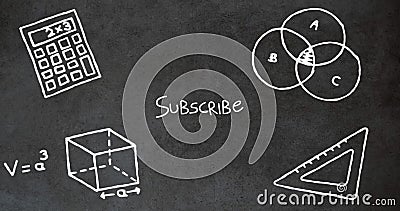 Image of subscribe text and mathematical data processing over blackboard Stock Photo