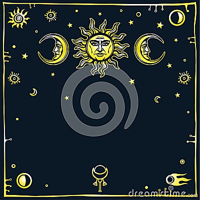 Image of the sun and the moon with human faces. Vector Illustration