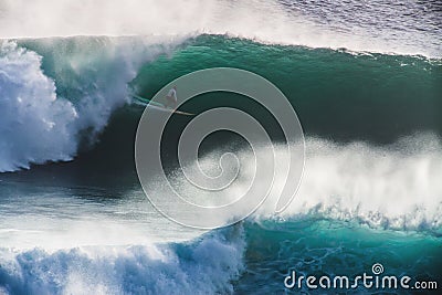 Image Surfer on Blue Ocean Big Mavericks Wave in California Stock Photo