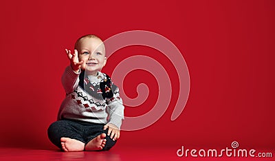 Image of sweet baby boy, closeup portrait of child, cute toddler with blue eyes. Stock Photo