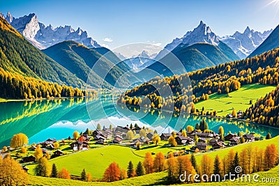 Switzerland- Graubuenden- Sufers at Lake Sufner made with Generative AI Stock Photo