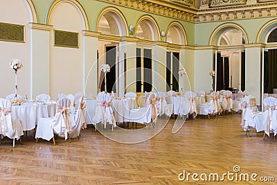An image of tables setting at a luxury wedding hall Stock Photo