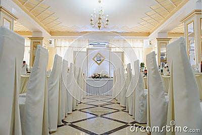 An image of tables setting at a luxury wedding hall Stock Photo