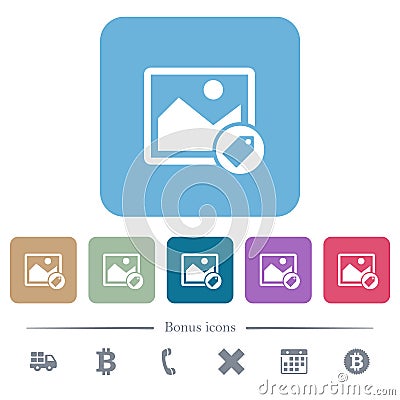 Image tagging flat icons on color rounded square backgrounds Stock Photo