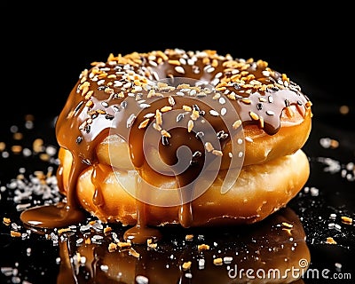 Tasty Doughnuts topped with melted caramel and sprinkled with poppy seeds. Cartoon Illustration
