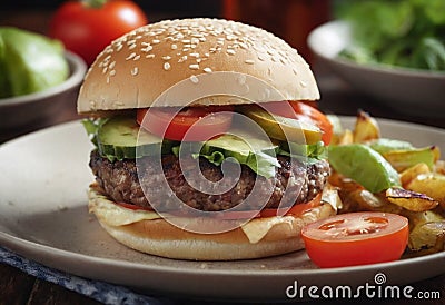 In this image, a tasty hamburger is presented on a plate, accompanied by fresh and bright vegetables. Stock Photo