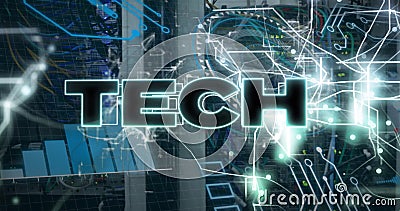 Image of tech text and data processing over computer servers Stock Photo