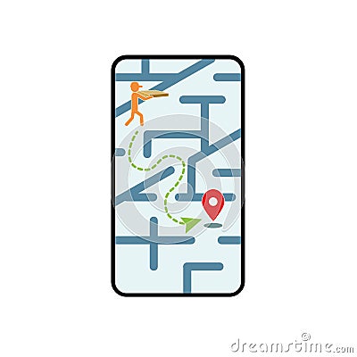 An image of a telephone city map on a smartphone with a courier carrying a box pizza. Vector Illustration