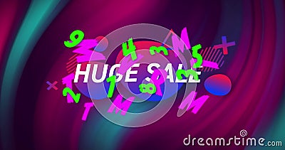 Image of text huge sale, with colourful letters and numbers, over swirling dark pink and blue Stock Photo