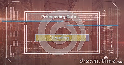Image of text, loading bars and computer language over data server room Stock Photo
