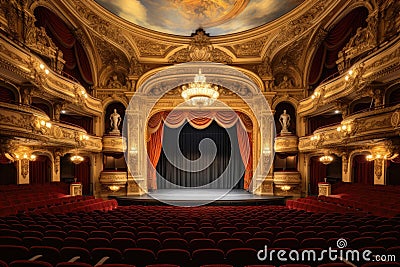 An image of a theater featuring vibrant red seats and an impressive painted ceiling, A grand opera house with gold gilded Stock Photo