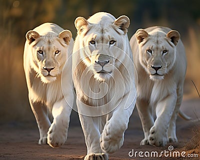 Three white lionesses are walking. Stock Photo