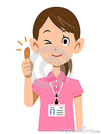 Thumbs up of a female staff member wearing a short-sleeved polo shirt and a name tag Vector Illustration