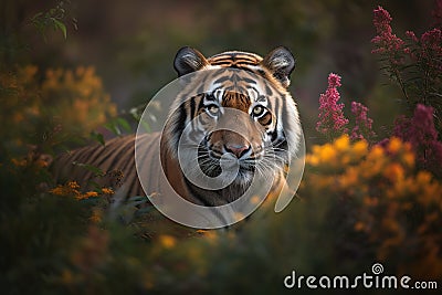 Image of a tiger surrounded by colorful tropical flowers in a beautiful garden. Wildlife Animals. Illustration, Generative AI Stock Photo