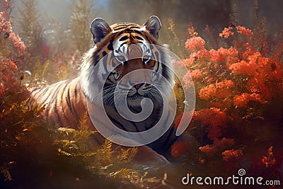 Image of a tiger surrounded by colorful tropical flowers in a beautiful garden. Wildlife Animals. Illustration, Generative AI Stock Photo