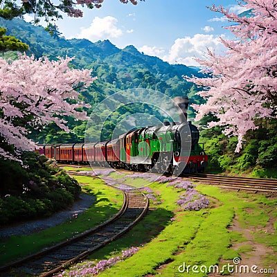 Image of A tourist train traveling under beautiful cherry blossom trees (Sakura) in the green lush forest of Alishan Stock Photo